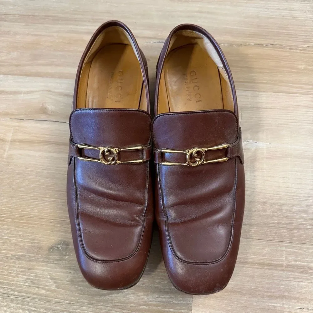 Gucci Men’s Brown Brixton Horsebit Loafers Gold Interlocking Hardware Size 7.5